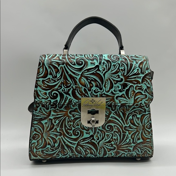 2439- Patricia Nash Embossed Leather Top Handle Crossbody Bag Turquoise Tooled - Picture 2 of 12